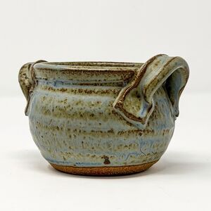 Hand Thrown Studio Pottery Planter Bowl Curled Handles Blue Speckled